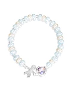 Blue Pearlized Bead Bracelet with Guardian Angel Heart and Boy Charm, Boxed