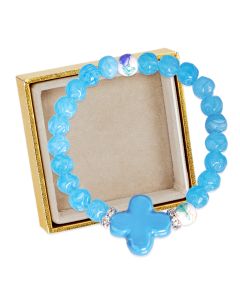 8mm Aqua Glass Bead and Cross Stretch Bracelet, Boxed