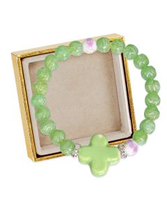 8mm Green Glass Bead and Cross Stretch Bracelet, Boxed