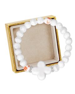 8mm White Glass Bead and Cross Stretch Bracelet, Boxed