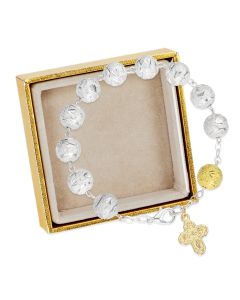10mm Round Silver Sequin Bead Bracelet with Gold Accent Bead and Medal, Boxed