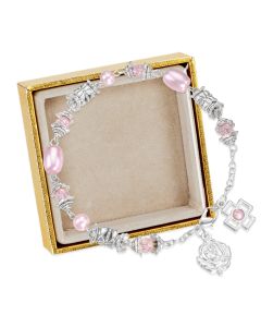 Pink Pearlized and Crystal Bead Silver Bracelet with Guardian Angel Medal, Boxed