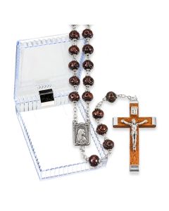 Maroon Carved Wood Bead Rosary, Boxed