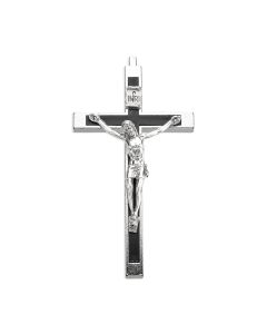 4" Silver Metal Crucifix with Antiqued Silver Corpus and Black Epoxied Inlay