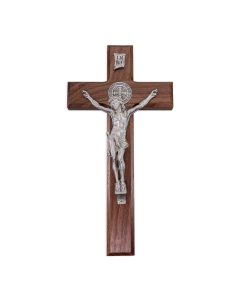 10" St. Benedict Solid Walnut Crucifix Made with Genuine Pewter Corpus & Medal. Made in U.S.A and Boxed