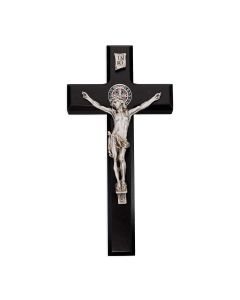 10" St. Benedict Solid Black Walnut Crucifix Made with Genuine Pewter Corpus & Medal (with Red and Black Epoxy). Made in U.S.A and Boxed
