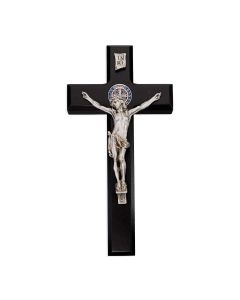 0" St. Benedict Solid Walnut Crucifix Made with Genuine Pewter Corpus & Medal (with Red and Blue Epoxy). Made in U.S.A and Boxed