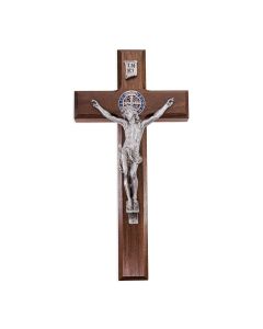 10" St. Benedict Solid Walnut Crucifix Made with Genuine Pewter Corpus & Medal (with Red and Blue Epoxy). Made in U.S.A and Boxed