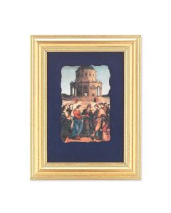 5" x 6.5" Gold Leaf Frame with 2.5" x 3.25" Wedding at Cana Fresco Print Mounted on Blue Velvet Lining