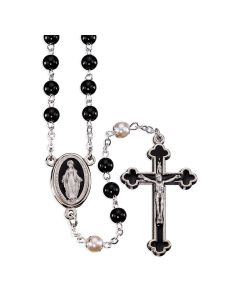 6mm Black Round Glass Bead Rosary With Capped Pearl Pater Beads  Silver Crucifix and Oval Miraculous Centerpiece with Black Epoxy-18 3/4" in Deluxe Box