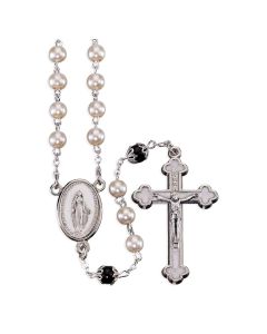 6mm Glass Pearl Bead Rosary with Capped Pater Beads Silver Crucifix and Oval Miraculous Centerpiece with White Epoxy-18 3/4" in Deluxe Box