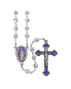 6mm Aurora Crystal Tin Cut Bead Rosary with Oval Miraculous Centerpiece and Silver Crucifix with Blue Epoxy in Deluxe Box