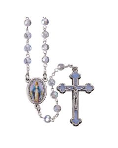 6mm Aurora Crystal Tin Cut Bead Rosary with Oval Colored Miraculous Centerpiece and Silver Crucifix with Light Blue Epoxy in Deluxe Box