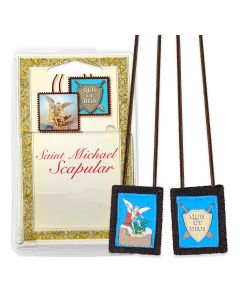 1 3/4" x 2"  St. Michael Brown Wool Scapular in Deluxe Packaging. 22"