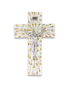 10" Silver and Gold on White Glass Cross with Fine Pewter Corpus-P65