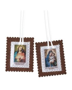 2 1/2" x 3 1/4" Large Brown Felt Scapular with Cloth Image on 22" White Cords. 