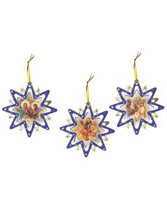 Nativity Blue Star Ornament Assortment Set of Three (Enter qty of 3 for ONE set)