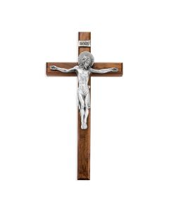 15" Deluxe Furniture Grade Solid Wood Crucifix in a Lacquered Walnut finish. Genuine Pewter Corpus of Christ Figure Hand Cast and Polished by New England Craftsman.