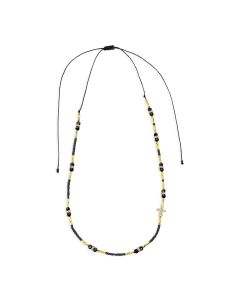 Black Glass Bead Adjustable Necklace with Gold Tube Ends