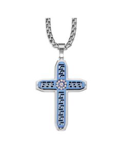 3.5cm Silver and Blue Stainless Steel Cross on 20 inch Silver-tone Rolo Chain (Boxed)