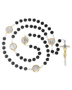 7mm Round Black Wood Beads  Rosary with 15mm Silver and Gold Our Father Medals in Gray Velvet Box 