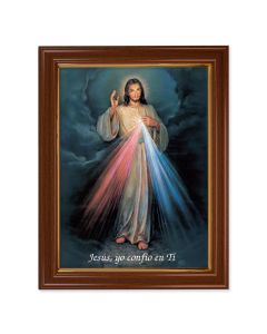 15 1/2" x 19 1/2" Walnut Finish Frame with Gold Accent and a 12" x 16" Divine Mercy Spanish Textured Art