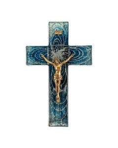 10" Blue and Silver Looped Cross Pattern on Glass Cross with Museum Gold Tone Corpus-P65