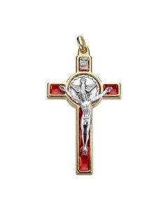 3" Gold Holy Spirit Crucifix with Antique Silver Corpus and Medal with Red Epoxy, Boxed