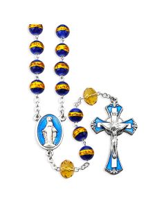 8mm Sapphire and Gold Foiled Glass Bead Rosary with Epoxied Center and Crucifix, Boxed