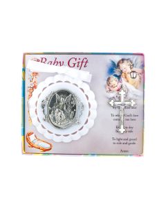 White Guardian Angel Crib Medal with Crucifix
