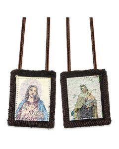 1 3/4" X 2"  Sacred Heart and Our Lady of Mt. Carmel Genuine Brown Wool Scapular. 22"