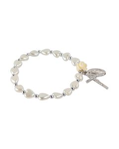 White Pearlescent Bead Rosary Bracelet with a Miraculous Medal and Crucifix-P65