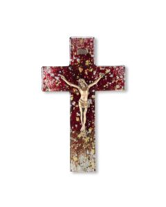 10" Gold and Silver Random Speck Red Tone Glass Cross with Museum Gold Corpus-P65