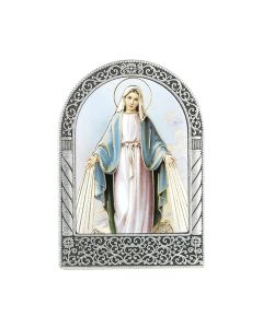 Antique Silver Metal Arched Easel with Gold Embossed Our Lady of Grace Print