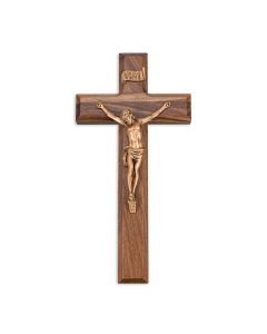 10" Walnut Wood Cross with Museum Gold Finish Corpus