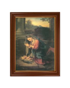 15 1/2" x 19 1/2" Walnut Finish Frame with Gold Accent and a 12" x 16" Our Lady Worshiping the Child Textured Art