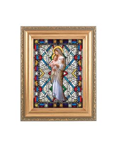 5.5" x 7" Antique Gold Frame with a 4.5" x 5.5" Our Lady of Divine Innocence Stained Glass Art