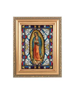 5.5" x 7" Antique Gold Frame with a 4.5" x 5.5" Our Lady of Guadalupe Stained Glass Art