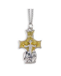 1 5/8" Gold Epoxied Resurrection Image on a Silver Tone Cross and Chain, Comes Boxed