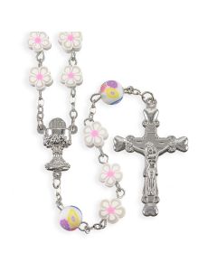 8mm White Floral Shaped Bead Rosary
