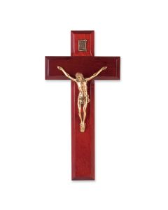 8" Dark Cherry Wood Cross with Museum Gold Tone Corpus