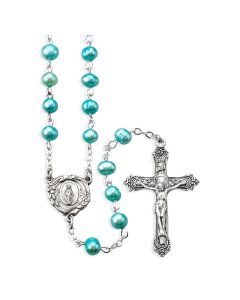 Blue Genuine Freshwater Pearl Rosary in Grey Velvet Box