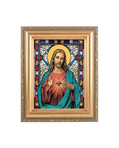 5.5" x 7" Antique Gold Frame with a 4.5" x 5.5" Sacred Hearts Stained Glass Art