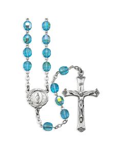 7mm Aqua Crystal Aurora Borealis Rosary with Deluxe Crucifix and Center in a Grey Velvet Box