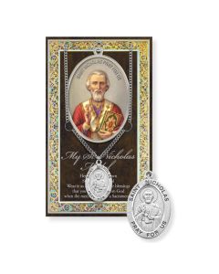 Saint Nicholas Genuine Pewter Medal on a 24" Chain with Biography and Picture Folder