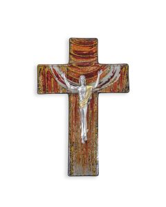 7" Red and Gold Shimmering Glass Cross with Antiqued Silver Tone 'Giglio' Corpus with Gold Highlights-P65