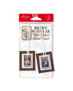 1 1/2" x 2" Sacred Heart and Our Lady of Mt. Carmel Brown Felt Scapular on White Cord 21"