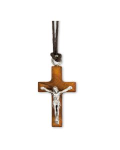 1 1/4" Olive Wood Crucifix with Antiqued Silver Metal Corpus on a Brown Cord
