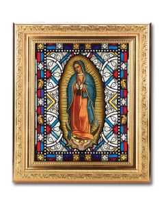 8 1/4" x 10 1/4" Gold Ornate Frame with a 6" x 8" Our Lady of Guadalupe Textured Glass Artwork