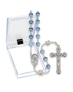 Grey Swirl and Faux Pearl Glass Bead Rosary, Boxed